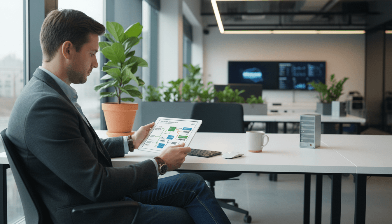 Professional reviewing cloud deployment options on tablet