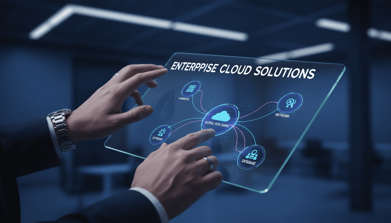Hands on touchscreen showing cloud infrastructure interface