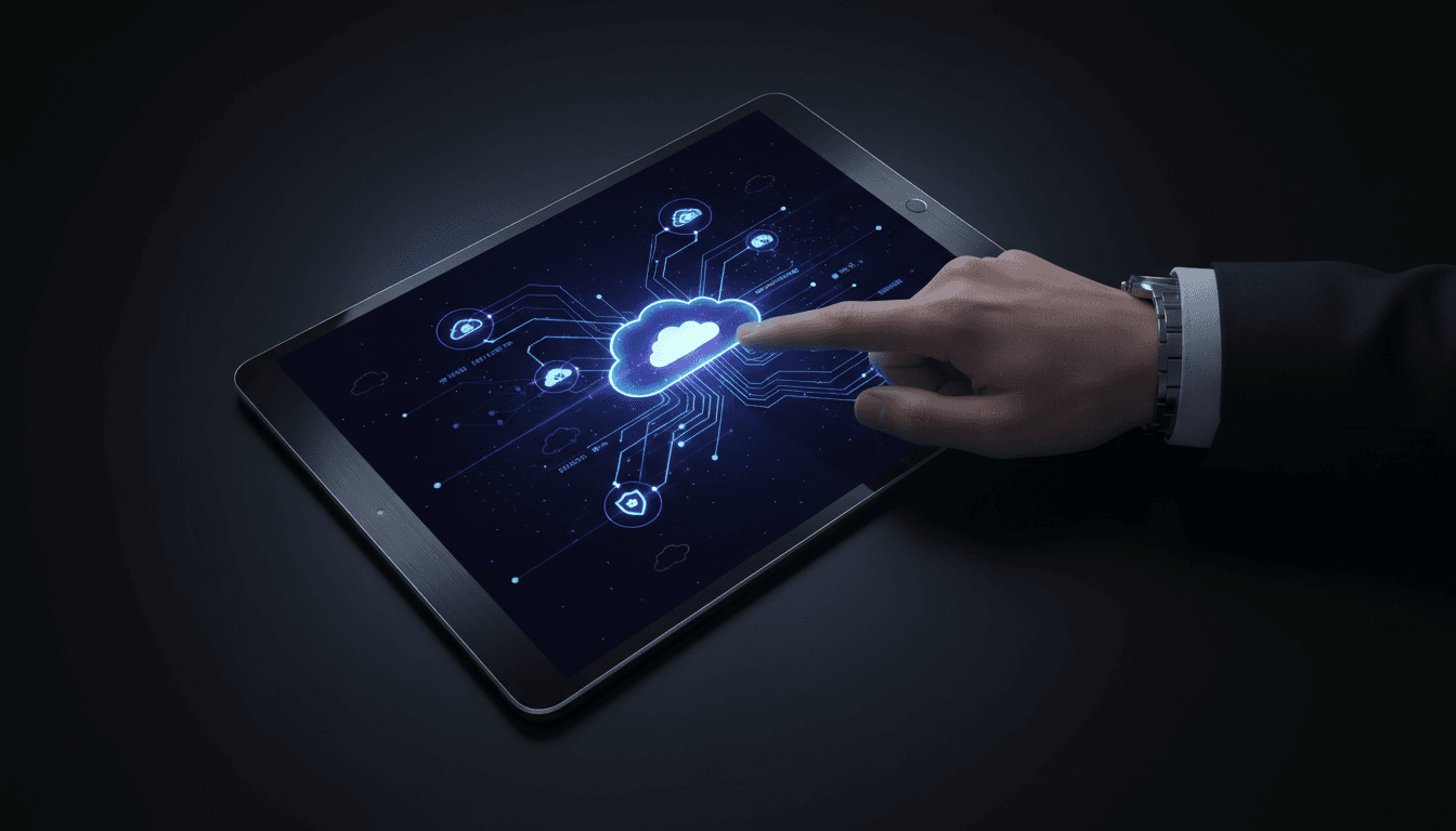 Professional reviewing cloud infrastructure network diagram on tablet