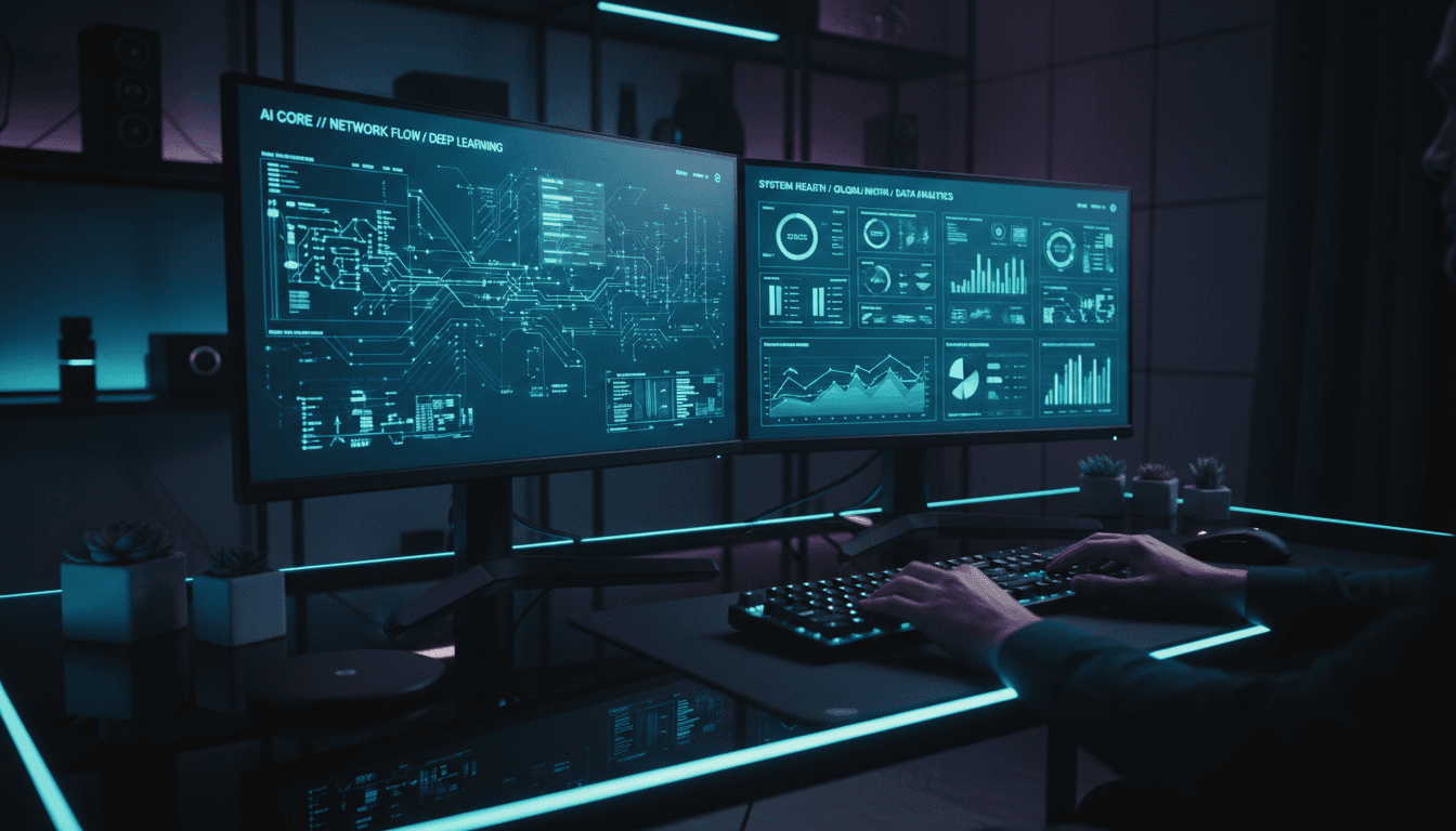 Developer working at dual monitors displaying AI data visualizations