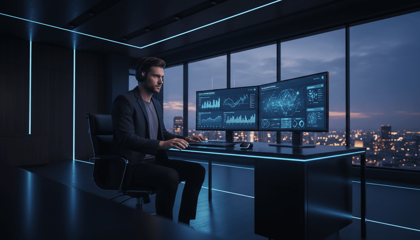 Professional reviewing AI analytics on multiple monitors in a modern office