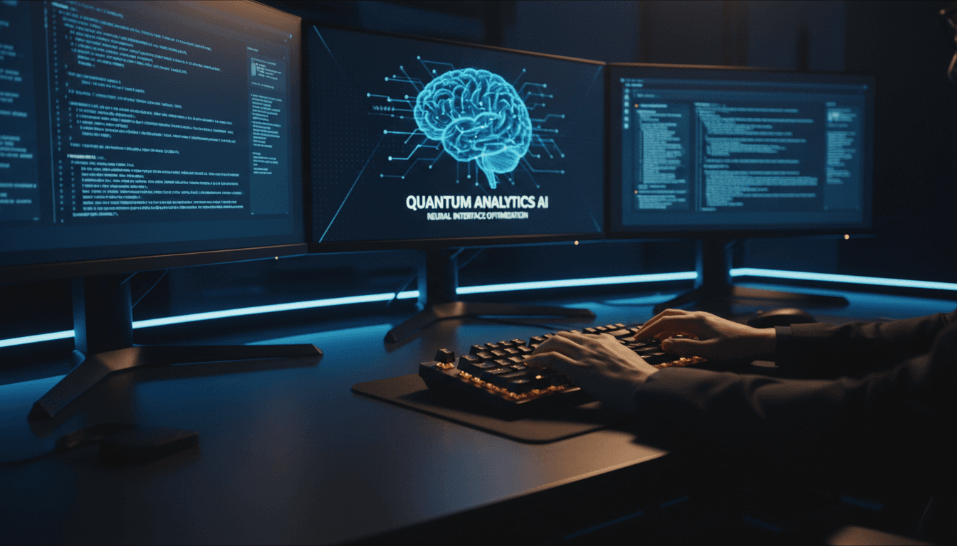 Developer working on code with multiple monitors displaying AI dashboards in a modern tech workspace