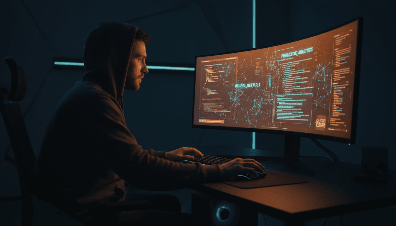 Developer working on AI-powered software interface in a modern workspace