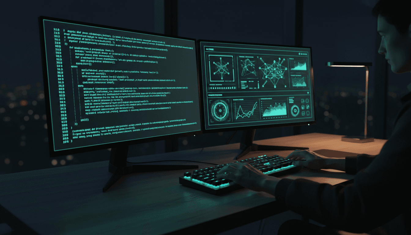 Developer typing code on dual monitors with AI dashboards at night