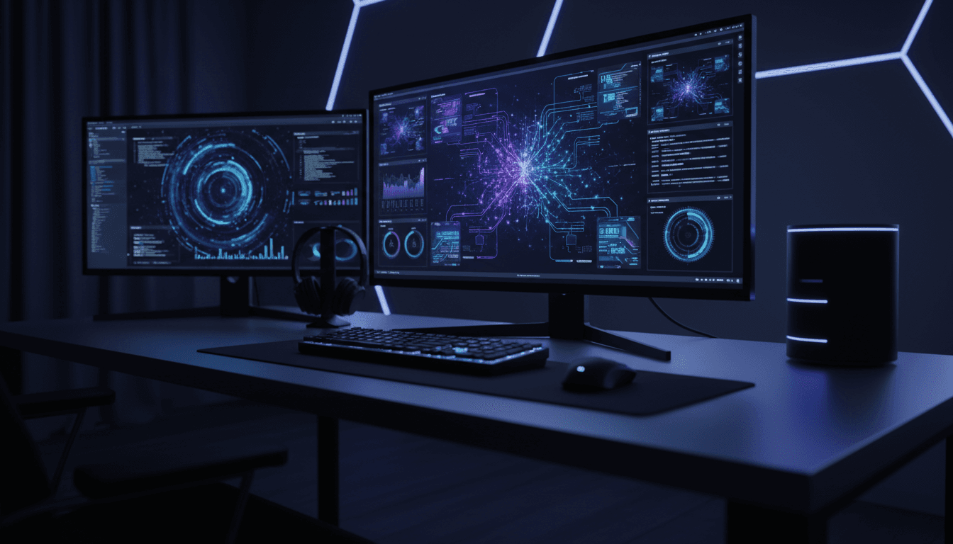 AI dashboard with neural network visualization on computer monitor