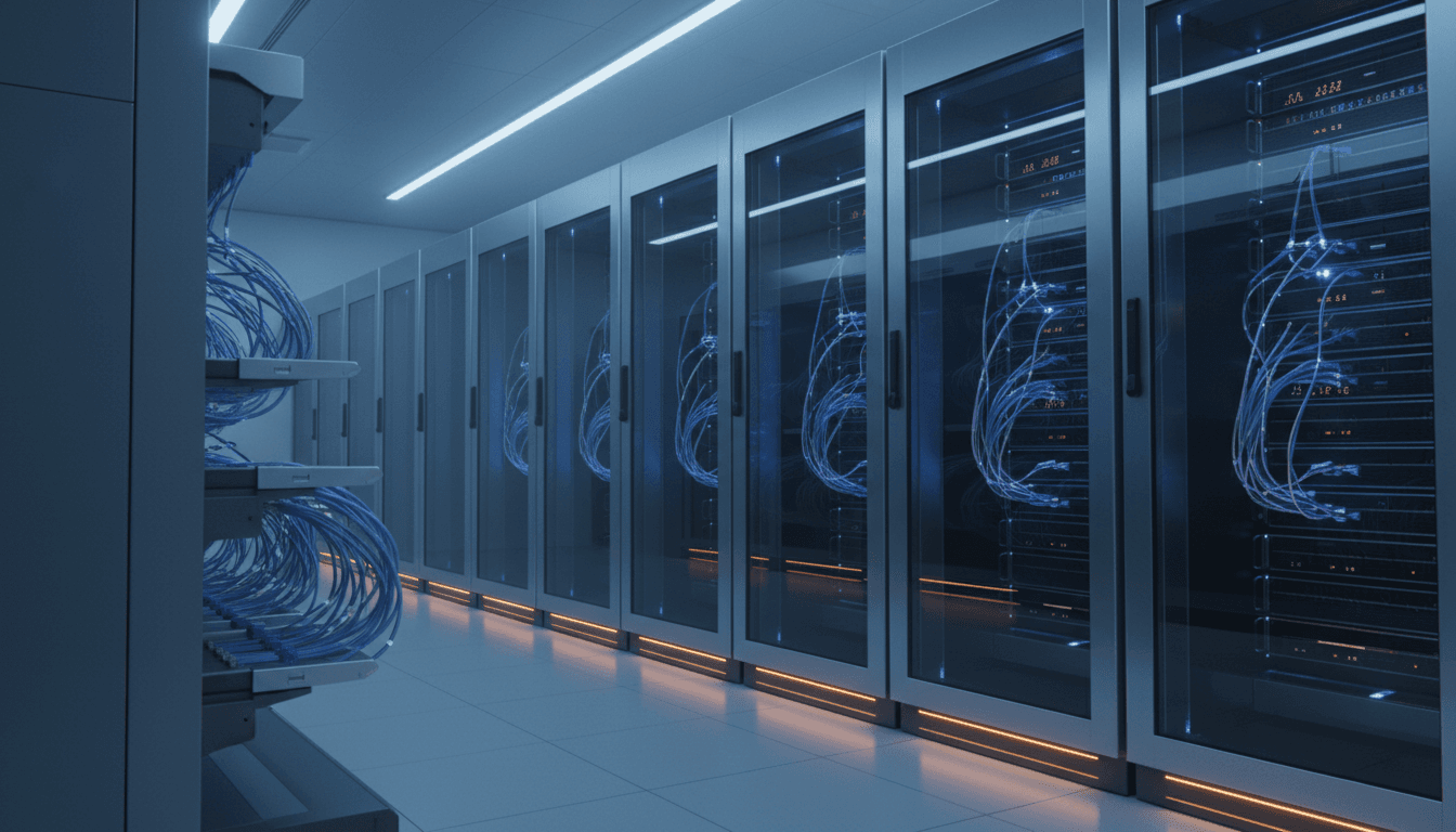 Modern server infrastructure with fiber optic cables