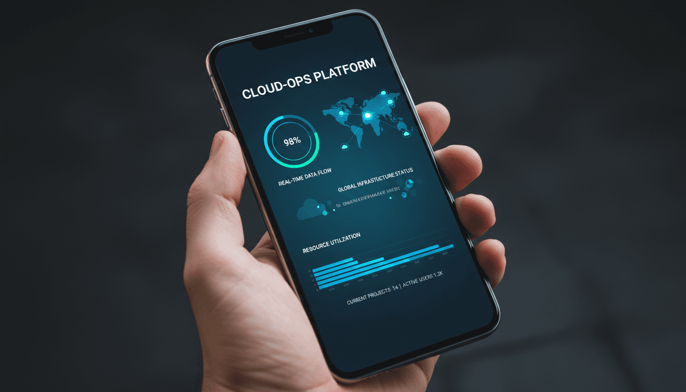Hand holding smartphone with SaaS dashboard interface